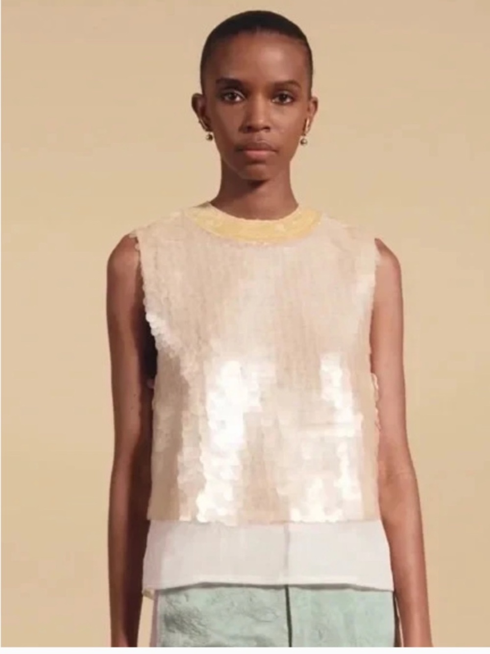 Zara Sleeveless Limited Edition Oyster-Cream Gause Gold Silk Sequin Top Blouse S